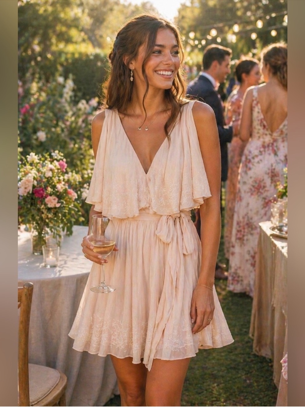 Free People Sylvia Blush Wrap Beads Embroidered Mini Dress XS